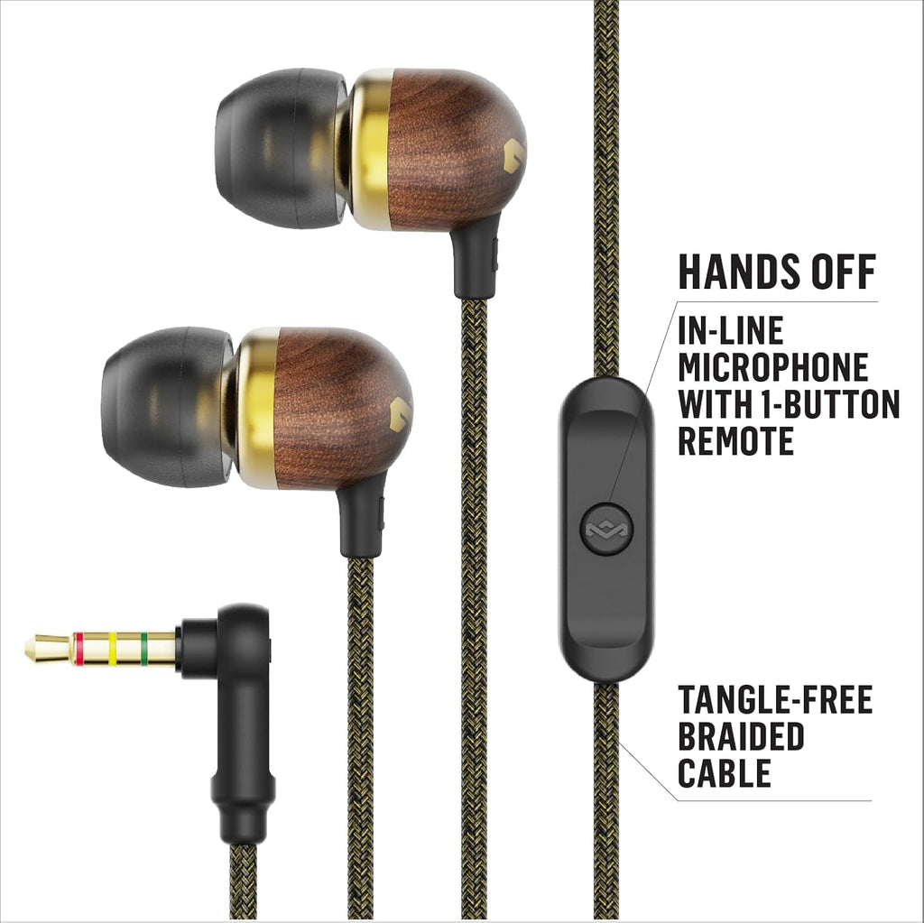 House of  Smile Jamaica Wired: Wired Earphones with Microphone, Noise Isolating Design, and Sustainable Materials, Brass